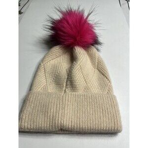 Anthropologie Winter Beanie PomPom Hot Pink Pom Pom Ribbed Wool Blend Cream Warm